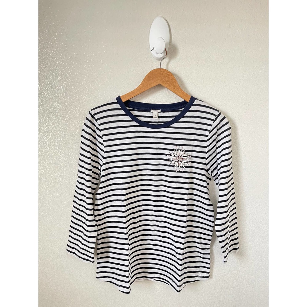 J. Crew Painter T Shirt Striped Brooch Jeweled